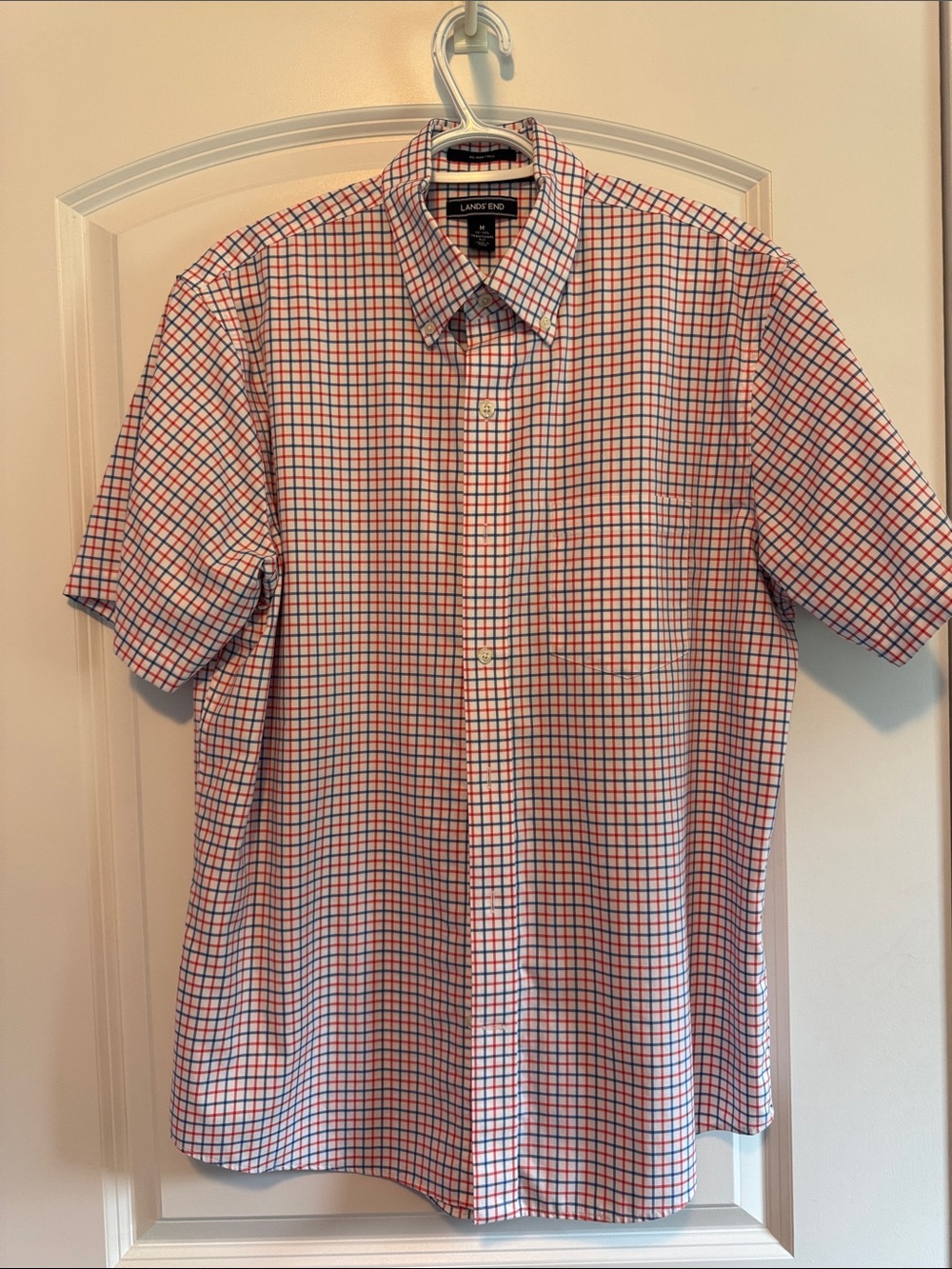 Lands' End Men's Short-Sleeve Button-Down Shirt in White with Red & Blue Check